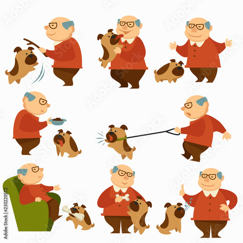 Dog with owner, pensioner with pet on leash walking