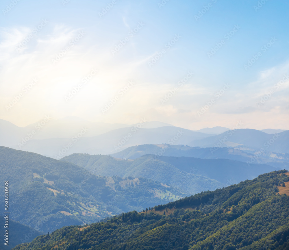 Naklejka premium green mountain valley in a blue nist at the sunset