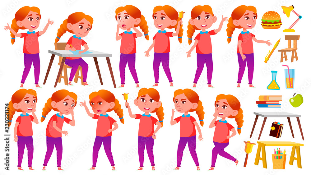 Girl Schoolgirl Kid Poses Set Vector. Redhead. High School Child. School Student. Cheer, Pretty, Youth. For Advertisement, Greeting, Announcement Design. Isolated Cartoon Illustration Girl Schoolgirl Kid Poses Set Vector. Redhead. High School Child. School Student. Cheer, Pretty, Youth. For Advertisement, Greeting, Announcement Design. Isolated Cartoon Illustration