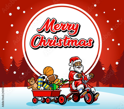 Santa Claus Ride Bicycle Greeting Christmas Illustration