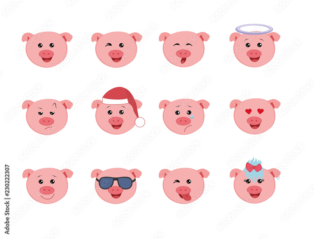 Set of Graphic Emoticons - pigs. Collection of Emoji. Smile icons. Vector illustration on white background Set of Graphic Emoticons - pigs. Collection of Emoji. Smile icons. Vector illustration on white background