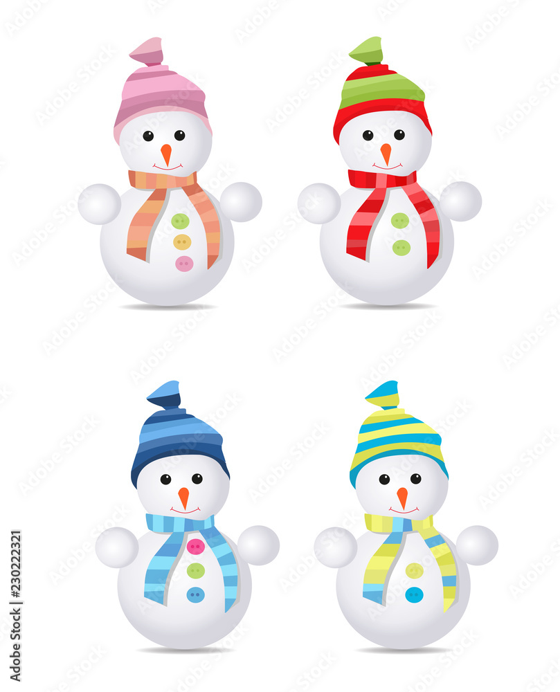 Four snowmen wearing colorful hats and scarves. Vector illustration