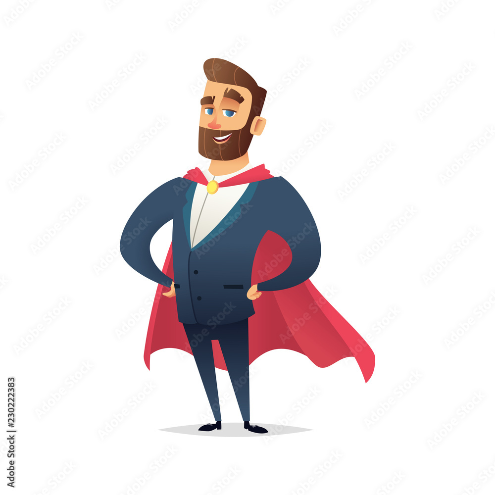 Charming bearded businessman wearing a superhero cloak. Manager is a hero. Modern flat character design.