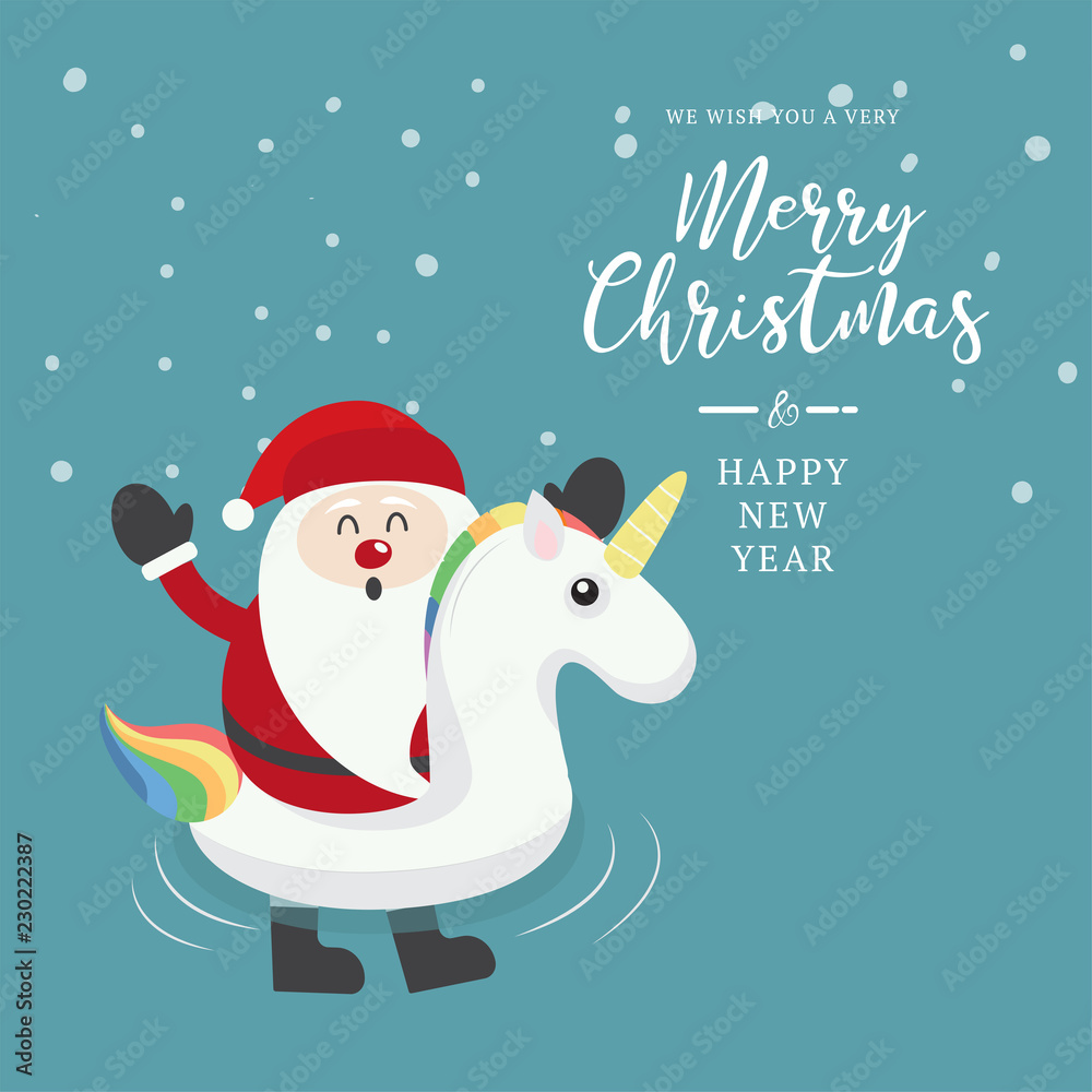 swimming ring unicorn with santa on christmas background.