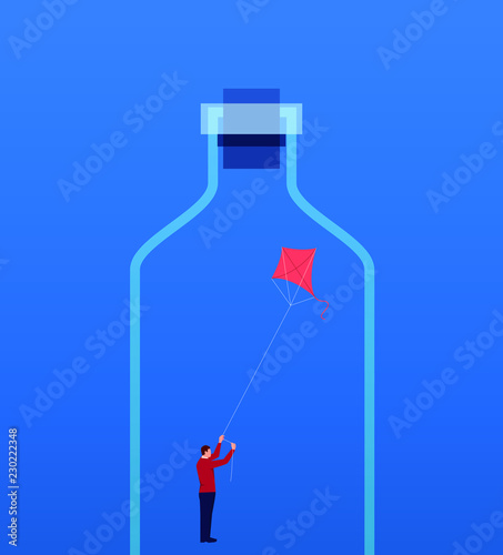 Businessman flying a kite inside a sealed glass bottle