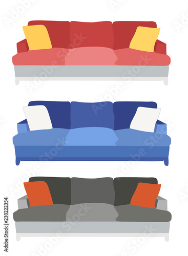 Three sofas in red, blue and gray with cushions. Vector illustration