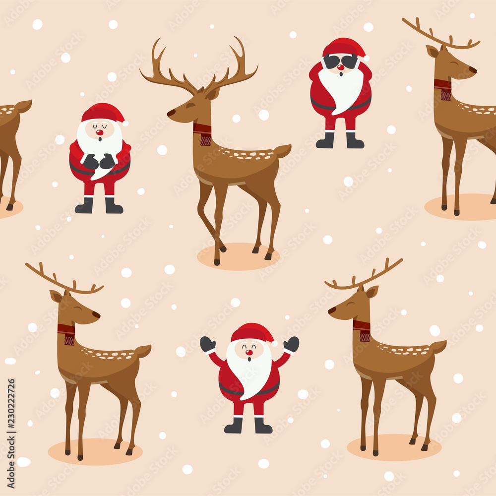 Fototapeta premium Cute Christmas cartoon seamless pattern. Cute Deer and Santa.