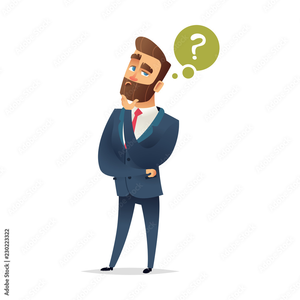 Bearded charming man is thinking. Question mark and manager. Pensive Businessman. Businessman thinking. Vector cartoon character design. Bearded charming man is thinking. Question mark and manager. Pensive Businessman. Businessman thinking. Vector cartoon character design.