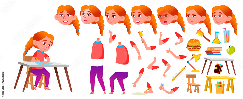 Girl Schoolgirl Kid Vector. Redhead. High School Child. Animation Creation Set. Face Emotions, Gestures. Young, Cute, Comic. For Card, Advertisement, Greeting Design. Animated. Illustration