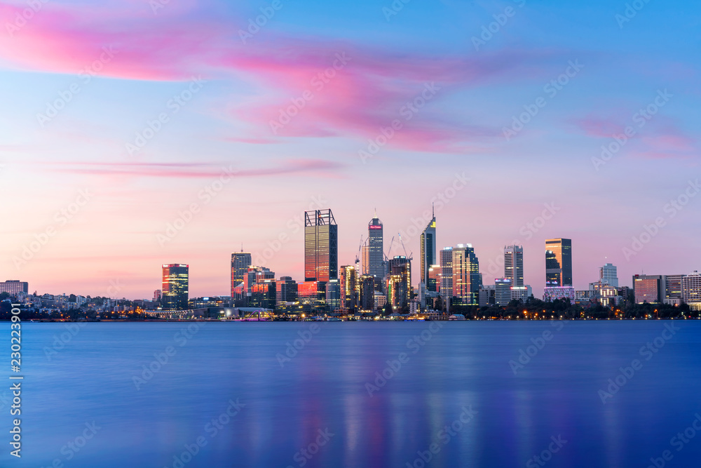 The Perth City skyline during a beautiful sunset. Perth, Western Australia, Australia. 
