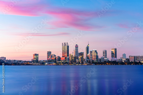 The Perth City skyline during a beautiful sunset. Perth, Western Australia, Australia. 