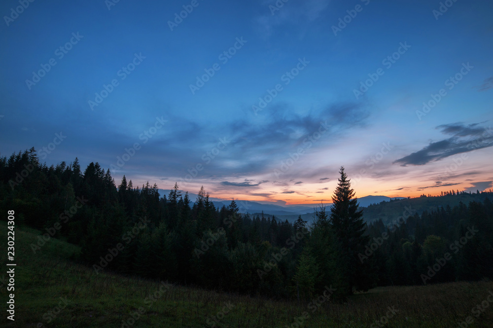 natural background with mountains and tree silhouette on sunset.