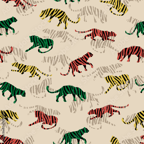 Canvas Print Seamless exotic pattern with abstract silhouettes of tigers.