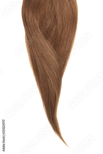 Brown hair, isolated on white background. Long beautiful ponytail