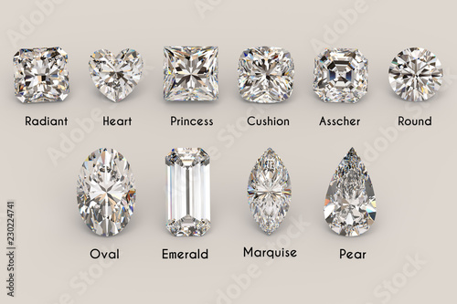 Ten the most popular diamond shapes with titles on light gray background. 3D illustration photo