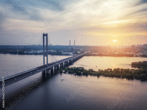 arial drone view of bridge on sunset (sunrise) photo