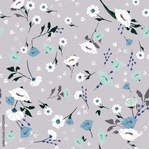 Seamless Pattern wind blow blooming flowers, Isolated on grey color.