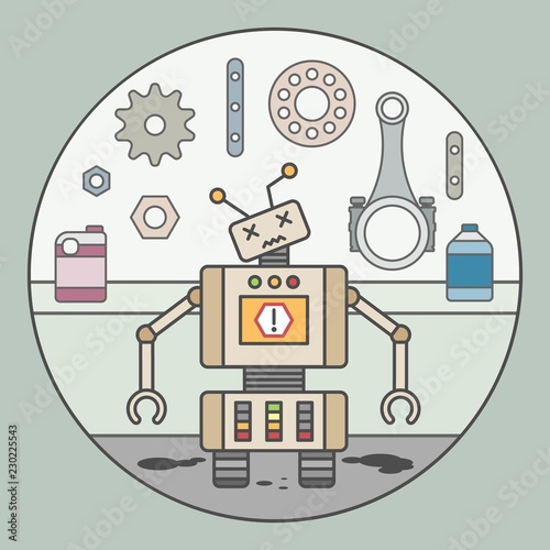 Vector picture of broken robot with error sign