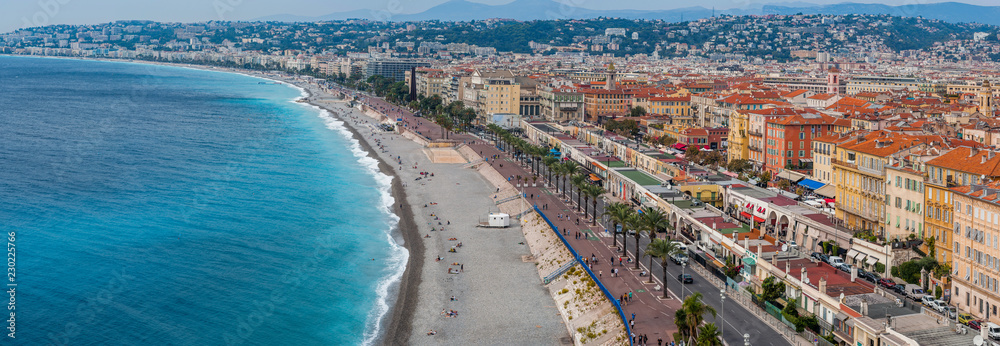 panoramic arial view of the English promenade, Promenade d Anglais  in Nice, France on sunset