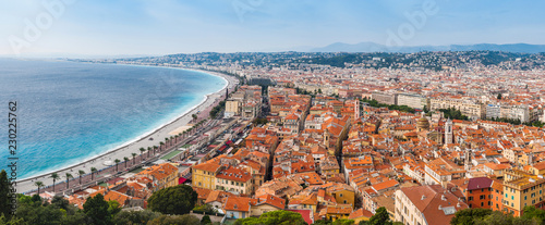Nice, France. panoramic arial view of the English promenade, Promenade d Anglais in Nice, France on sunset