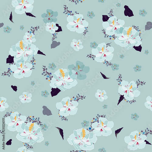 Elegance Seamless pattern with blooming  flowers on sweet green mint background