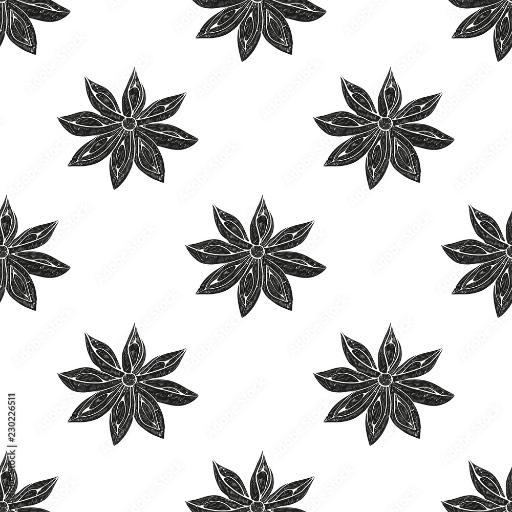 Cinnamon. Black silhouette on white background. Wallpaper, seamless texture. Star anise. Cinnamon. Black silhouette on white background. Wallpaper, seamless texture. Star anise.