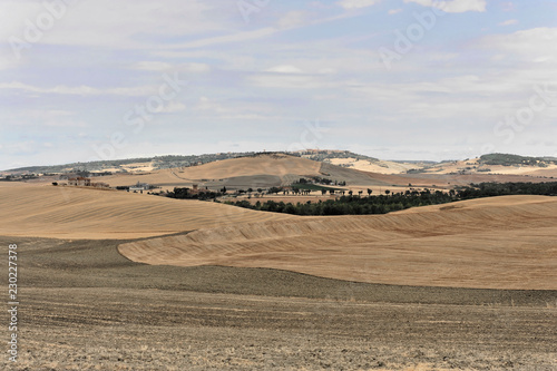 Abgeerntete Weizenfelder  Landschaft s  dlich von Pienza  Toskana  Italien  Europa    ffentlicherGrund  Europa