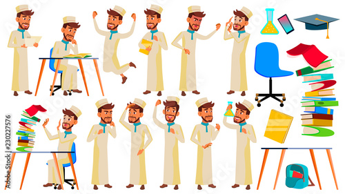 Teen Boy Poses Set Vector. Arab, Muslim. Face. Children. For Web, Brochure, Poster Design. Isolated Cartoon Illustration