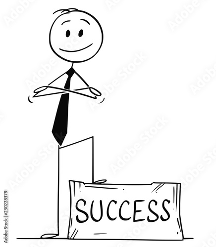 Cartoon stick drawing conceptual illustration of confident smiling man or businessman standing on stone block ashlar with success text written and with arms crossed.