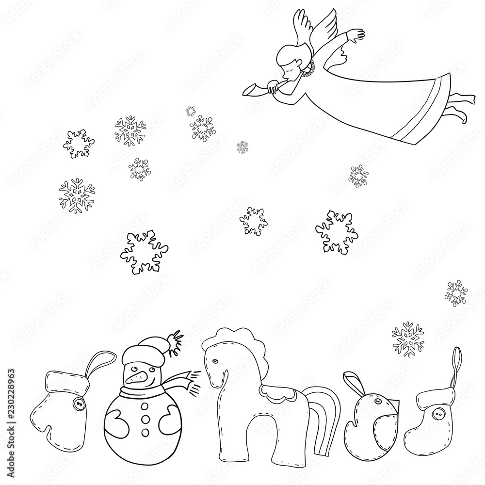 Set of vector black and white drawings on the theme of the celebration of Christmas and New Year