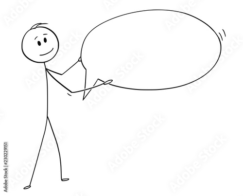 Cartoon stick drawing conceptual illustration of man or businessman holding empty speech text bubble or balloon ready for your text.