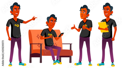 Teen Boy Poses Set Vector. Indian, Hindu. Asian. Beauty, Lifestyle. For Web, Poster, Booklet Design. Isolated Cartoon Illustration