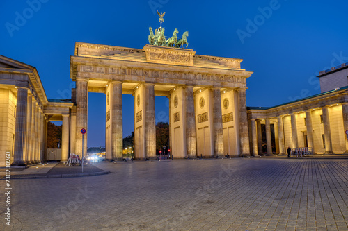 The famous illuminated Brandenburger Tor in Berlin at dawn