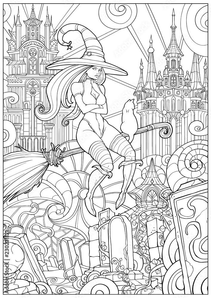 Naklejka premium Sexy witch flying on a broomstick