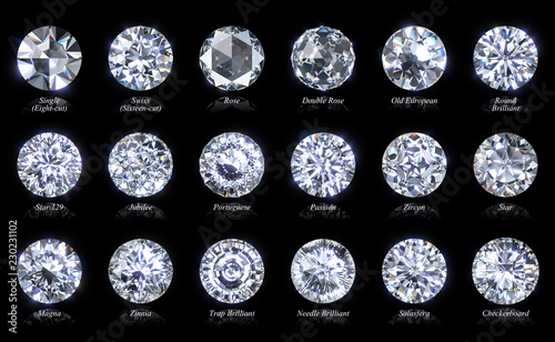 Eighteen diamond cut varieties of round shape with titles isolated on black background. 3D illustration