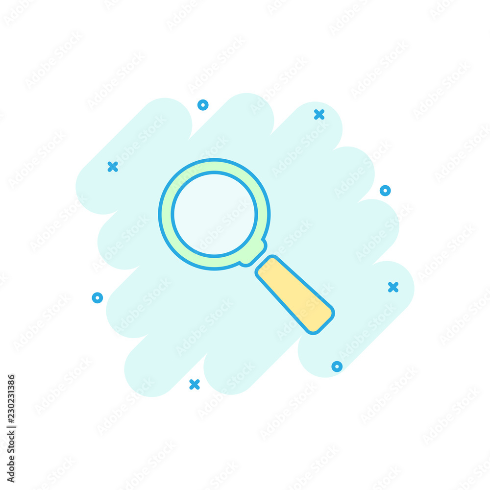 Vector cartoon magnifying glass icon in comic style. Search magnifier illustration pictogram. Find search business splash effect concept. Vector cartoon magnifying glass icon in comic style. Search magnifier illustration pictogram. Find search business splash effect concept.