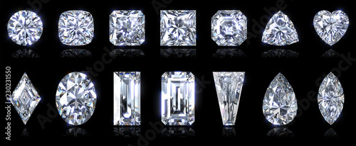 Fourteen popular diamond cut styles isolated on black background. 3D illustration