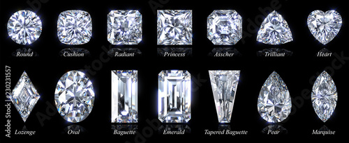 Fourteen popular diamond shapes with titles isolated on black background. 3D illustration photo