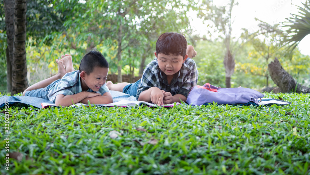 Cute two asian student boy reading book in the nature park with sunlight background, people, learning, relax, education and Natural classroom concept.. Cute two asian student boy reading book in the nature park with sunlight background, people, learning, relax, education and Natural classroom concept..