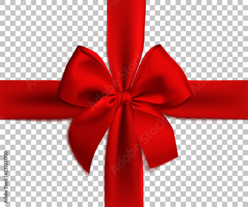 Realistic red bow and ribbon isolated on transparent background. Template for brochure or greeting card. Vector illustration.
