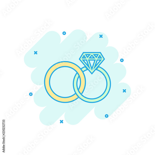 Vector cartoon engagement ring with diamond icon in comic style. Wedding jewelery ring illustration pictogram. Romance relationship business splash effect concept.