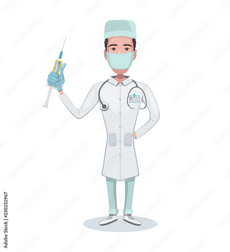Doctor character holding a syringe in hand ready for injection. Medic in a medical mask. Vector flat cartoon design. Doctor character holding a syringe in hand ready for injection. Medic in a medical mask. Vector flat cartoon design.