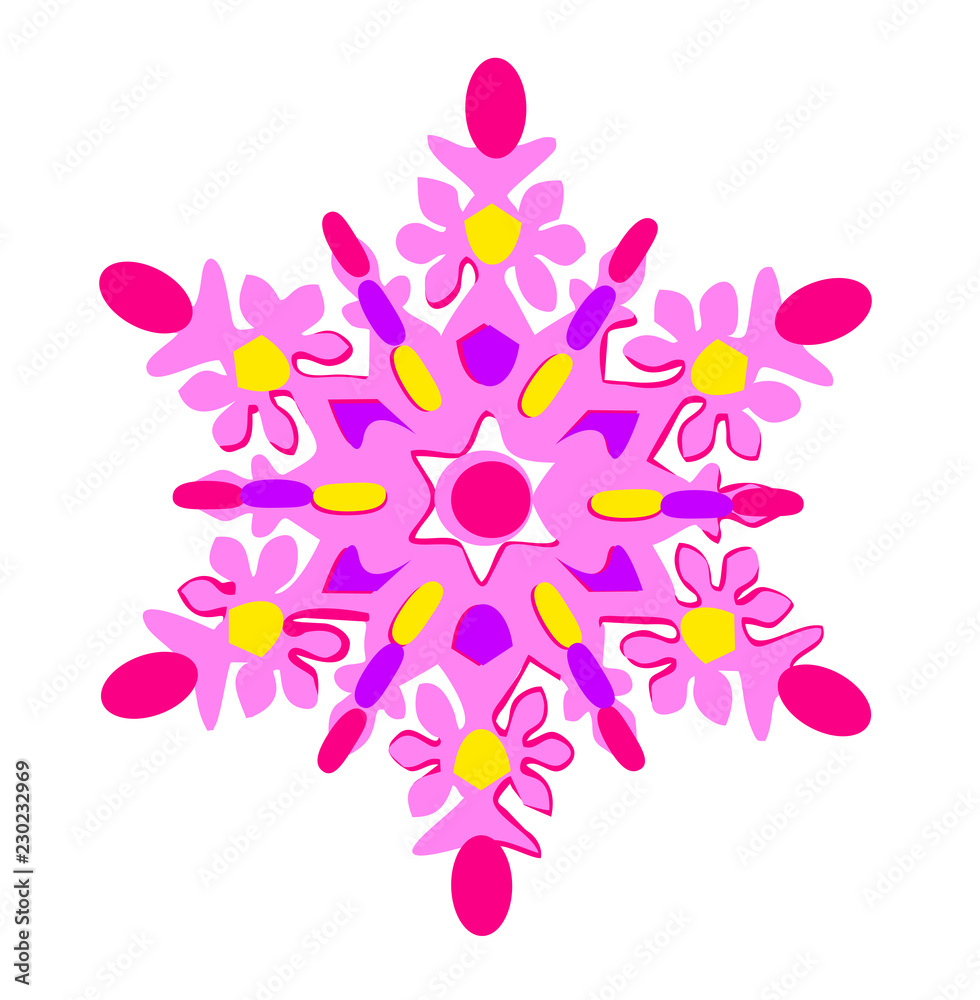 Bright winter pink snowflake on a white background. Vector illustration.