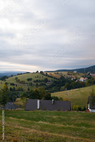 Poland. September 22, 2018. View of hills and forests. Ski resort. Cloudy weather. The surrounding area Zieleniec