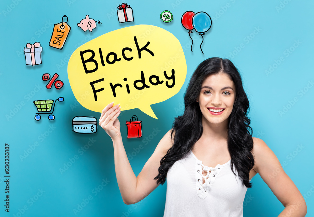 Black Friday with young woman holding a speech bubble Black Friday with young woman holding a speech bubble