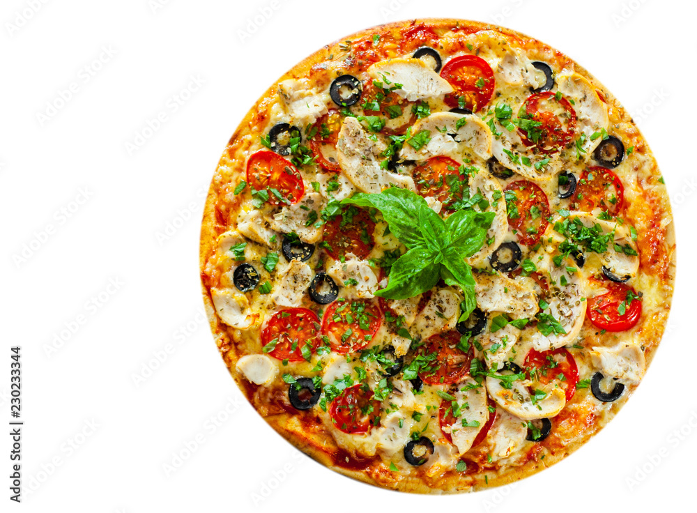Pizza with Chicken meat, Mozzarella cheese, tomato, olive. Italian pizza isolated on white background. with copy space. top view Pizza with Chicken meat, Mozzarella cheese, tomato, olive. Italian pizza isolated on white background. with copy space. top view