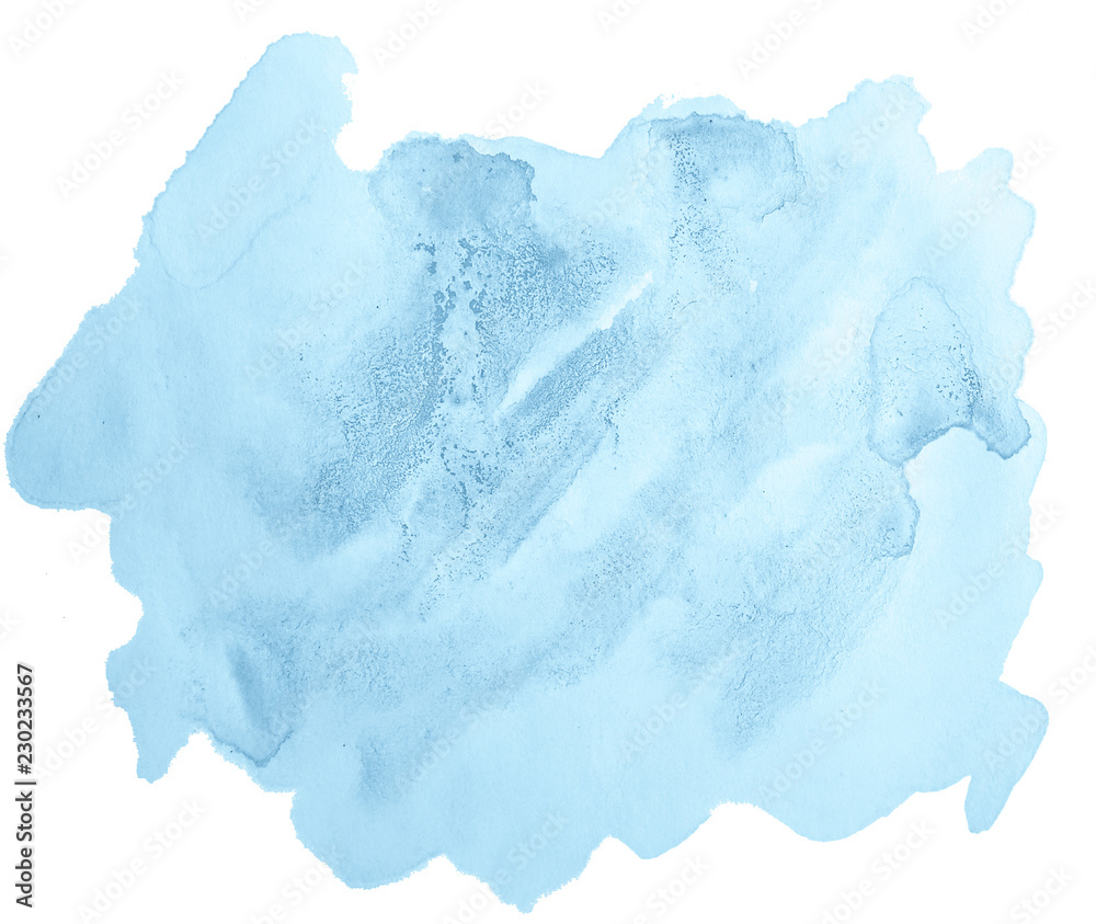 Obraz Błękitna pastelowa akwarela myje pociągany ręcznie odosobnioną plamę na białym tle dla teksta, projekt. Abstrakcjonistyczna tekstura robić muśnięciem dla tapety, etykietka.