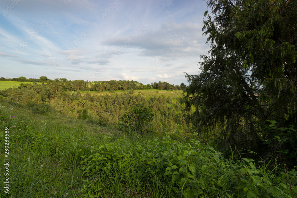 Abend über dem Naturschutzgebiet Grainberg-Kalbenstein bei Karlstadt, Landkreis Main-Spessart, Unterfranken, Bayern, Deutschland