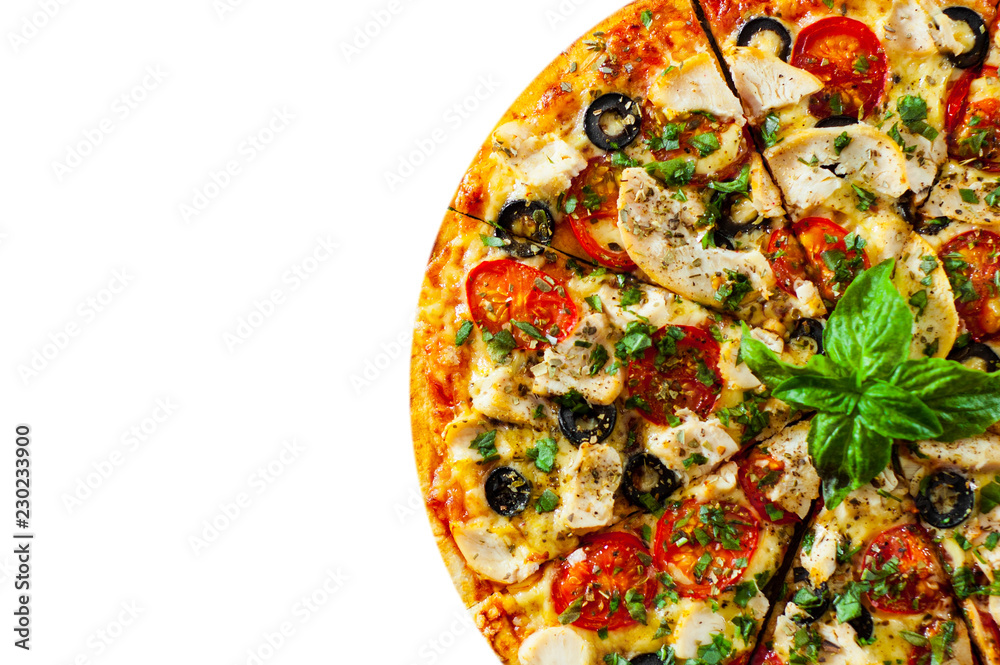 Pizza with Chicken meat, Mozzarella cheese, tomato, olive. Italian
