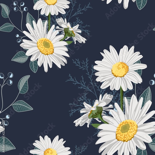 Fototapeta Naklejka Na Ścianę i Meble -  Flower seamless pattern. Field herbs daisy textile print decoration on vintage dark blue background. Fashion traditional illustration vintage. Chamomile plant floral ditsy ornament art.